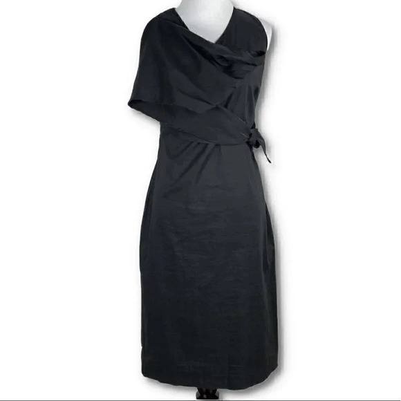 New Sarah Pacini dress 00 black 73% linen asymmetric wrap Minimalist avant-garde - Picture 13 of 13